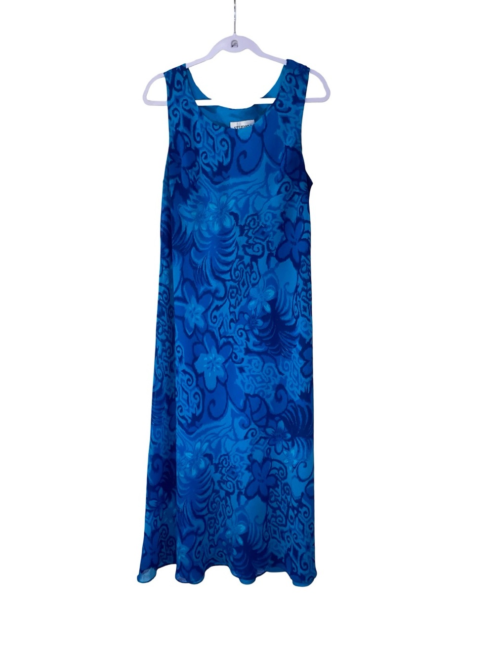Vintage Studio I Blue Floral Abstract Maxi Dress Sleeveless Chiffon Overlay L